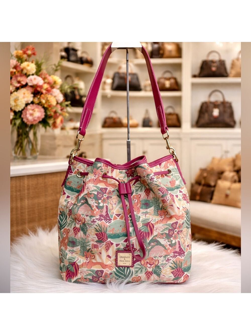 Dooney & Bourke Lion King 23 Berry Pink Green Bucket Shoulder Bag Limited Editio